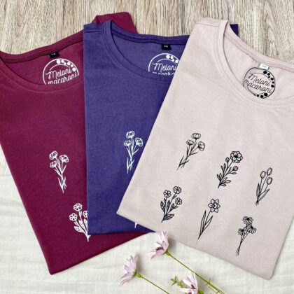 Damen T-Shirt Flowers kirschrot, violett und hellrosa