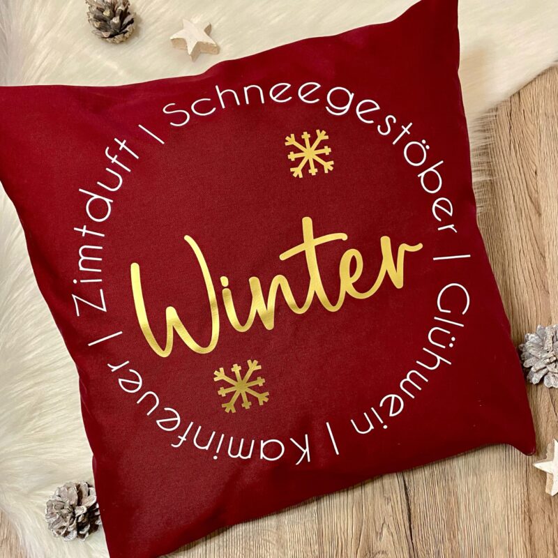 Kissenhülle Winter dunkelrot mit goldenem Aufdruck