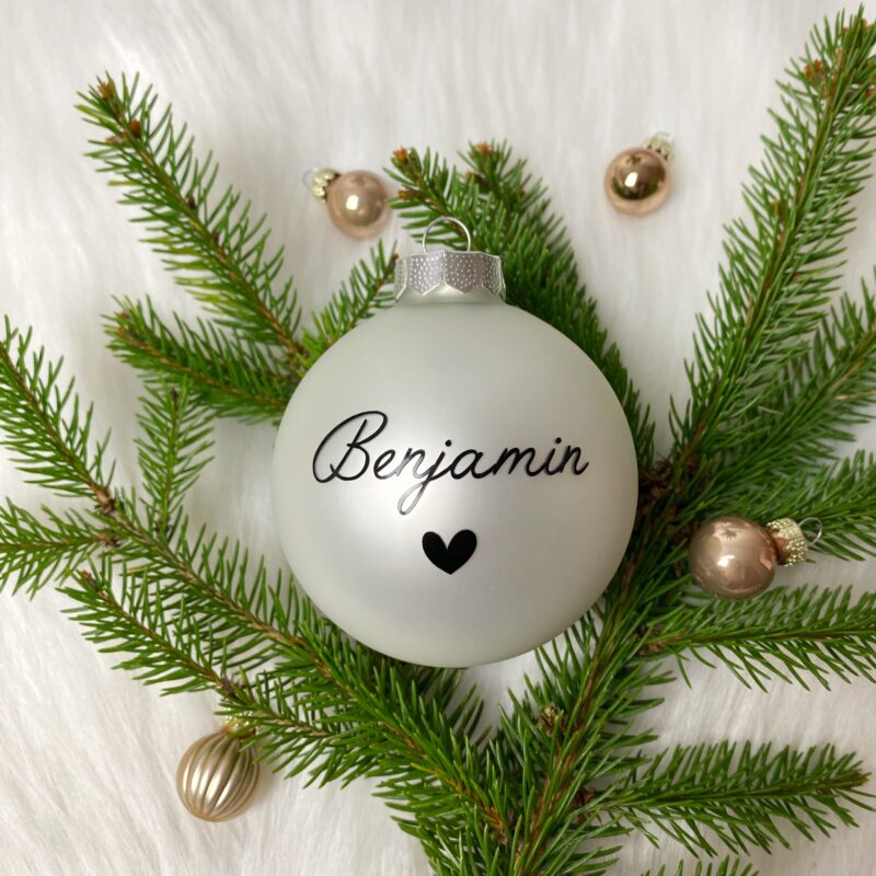 Christbaumkugel 8 cm Echtglas silber matt Name Herz